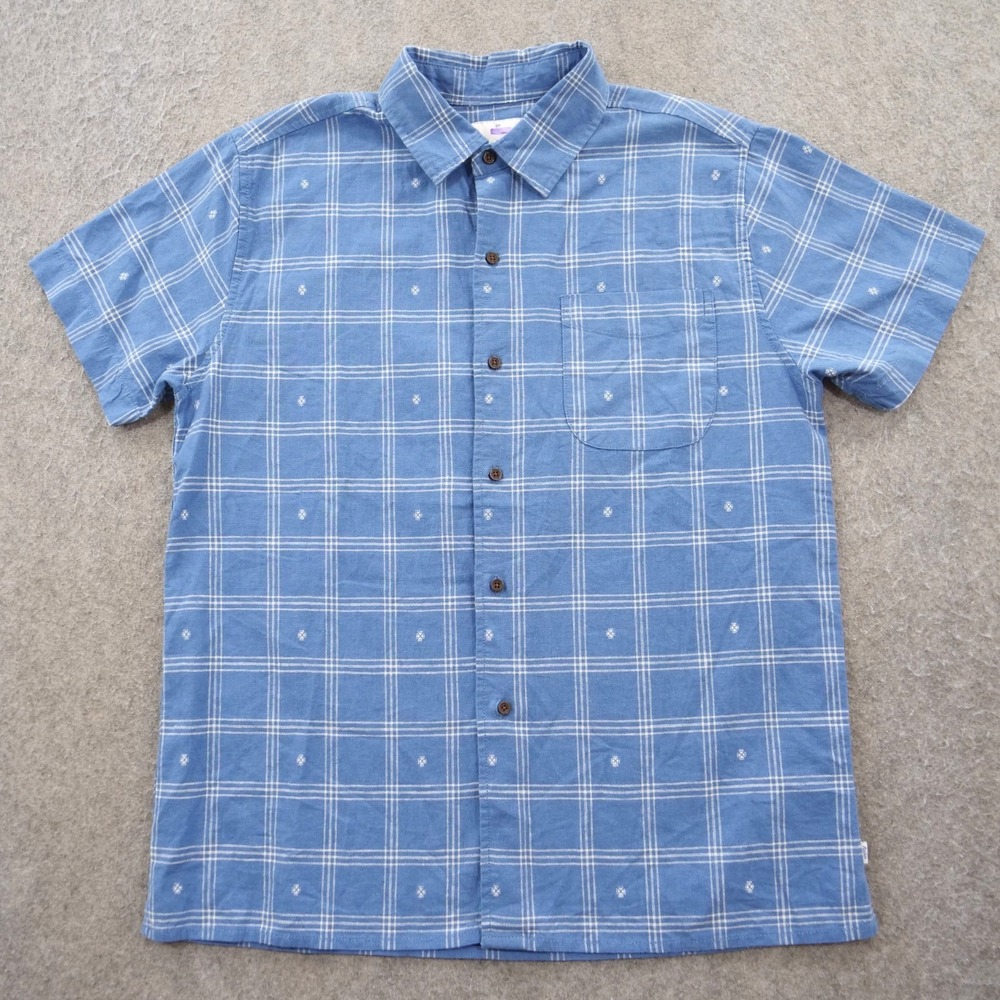 Katin Shirt Mens Medium Blue Button Up Linen Plaid Short Sleeve Relaxed Chambray